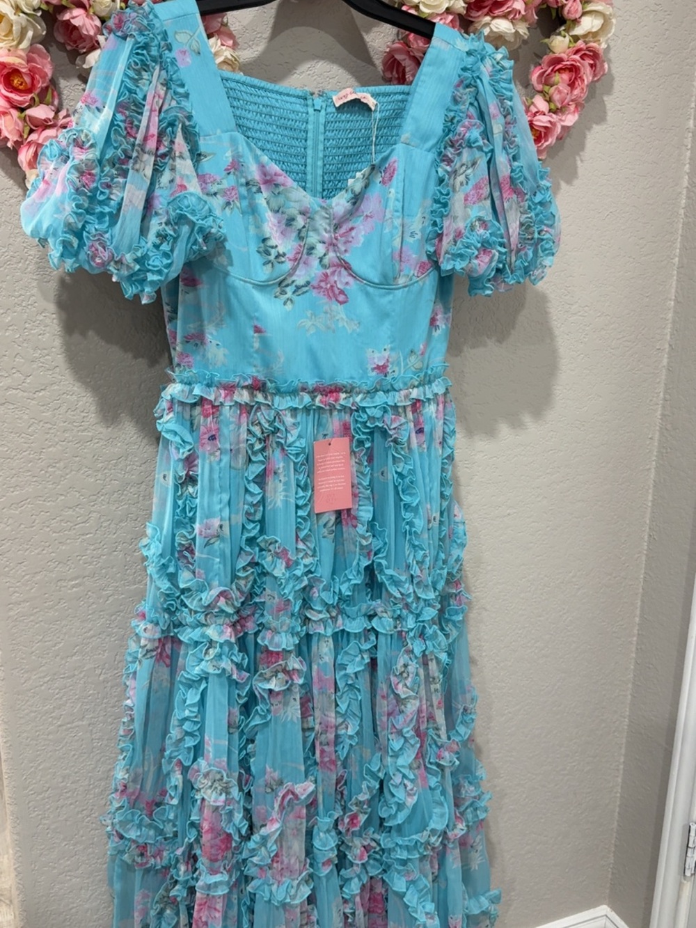 Ivy City Co Aqua Floral Ruffle Maxi Dress